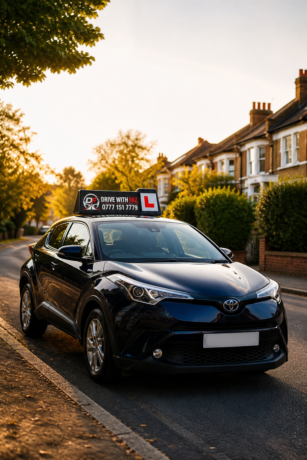 Toyota C-HR with Drive With Faz black illuminated learner headboard and phone number